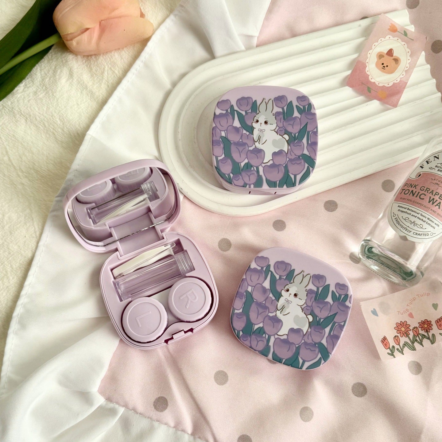 Oil Painting Tulip Rabbit Colored Contact Lens Case